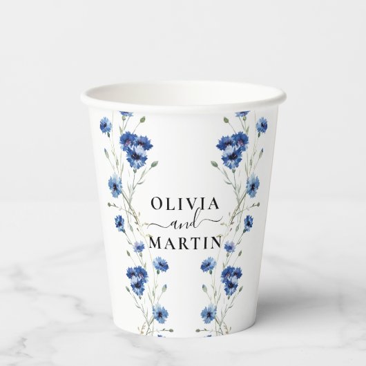 Bloemige blauwe bloemen bruiloft papieren bekers (Achterkant)