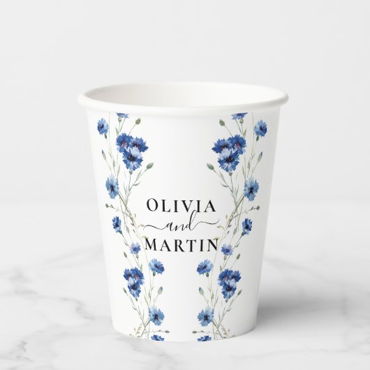 Bloemige blauwe bloemen bruiloft papieren bekers (Voorkant)