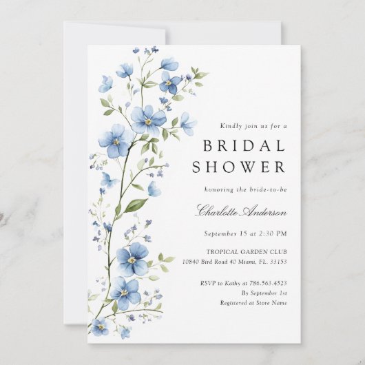 Bloemige Blauwe Bloemen Waterverf Bruidsdiner Kaart (Voorkant)