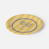 Bloemige Blauwe Botanische Gele Streep Bruiloft Papieren Bordje (Gekanteld)