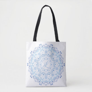 Bloemige Blauwe Eenvoudige Mandala Cirkel Minimali Tote Bag