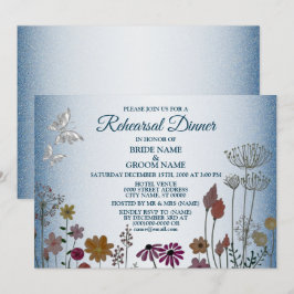 Bloemige Blauwe Glitter Bruiloftsrepetitie Dinerfe Kaart