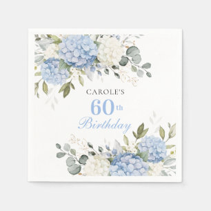 Bloemige blauwe hortensia groen 60ste verjaardagsf servet