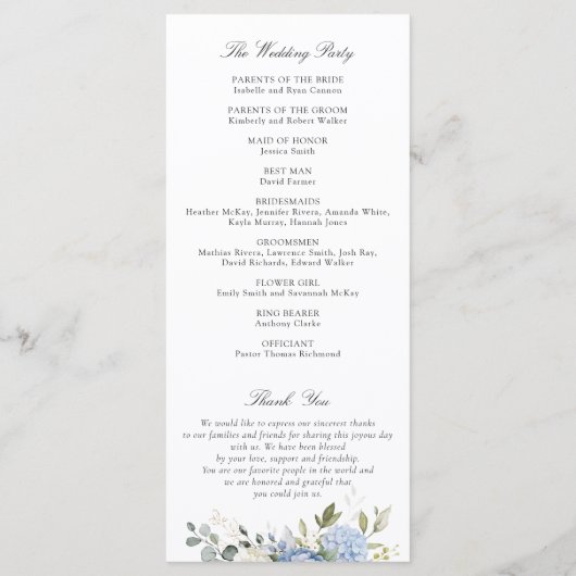 Bloemige Blauwe Hortensia Groene Huwelijksprogramm Programmakaart (Achterkant)