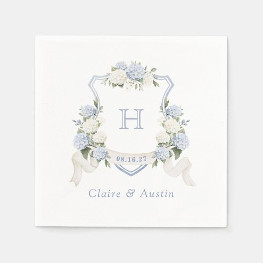 Bloemige blauwe hortensia-kam weddingsmonogram servet (Voorkant)
