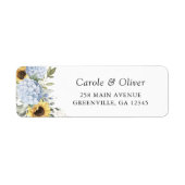 Bloemige blauwe hortensia zonnebloemen retouradres etiket (Voorkant)