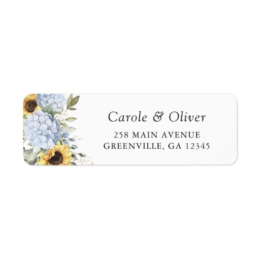 Bloemige blauwe hortensia zonnebloemen retouradres etiket (Voorkant)