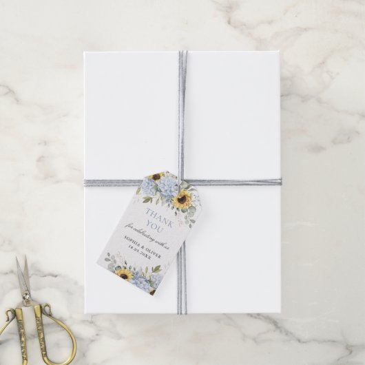 Bloemige Blauwe Hortensia Zonnebloemen Trouw Dank  Cadeaulabel (Met Touw)