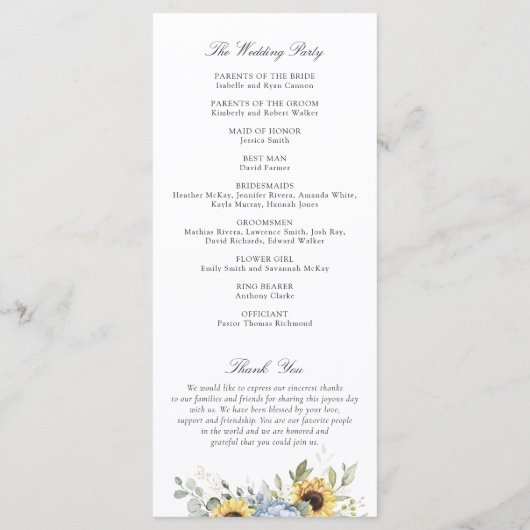 Bloemige Blauwe Hortensia Zonnebloemen Trouwprogra Programmakaart (Achterkant)