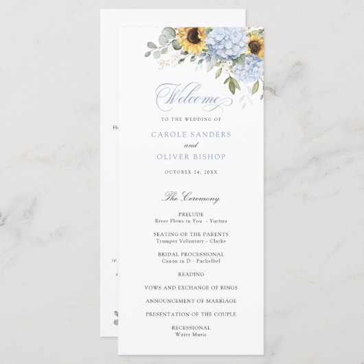 Bloemige Blauwe Hortensia Zonnebloemen Trouwprogra Programmakaart (Voorkant / Achterkant)