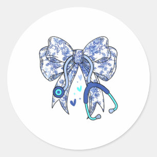 Bloemige blauwe kokette strik verpleegster stethos ronde sticker