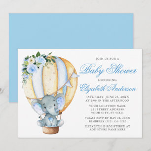 Bloemige Blauwe Olifant Baby Shower Kaart