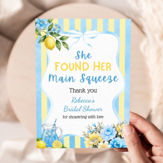 Bloemige blauwe streep Main Squeeze bruiloftsfeest Bedankkaart