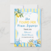 Bloemige blauwe streep Main Squeeze bruiloftsfeest Bedankkaart (Voorkant)