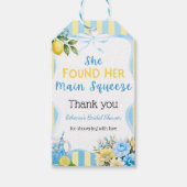Bloemige blauwe streep Main Squeeze bruiloftsfeest Cadeaulabel (Voorkant)