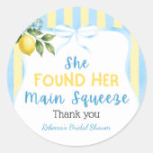 Bloemige blauwe streep Main Squeeze bruiloftsfeest Ronde Sticker (Voorkant)
