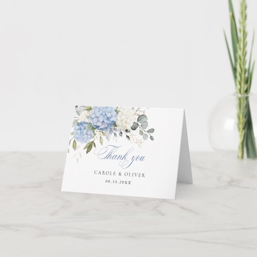 Bloemige blauwe witte hortensia groen Huwelijk Bedankkaart (Voorkant)
