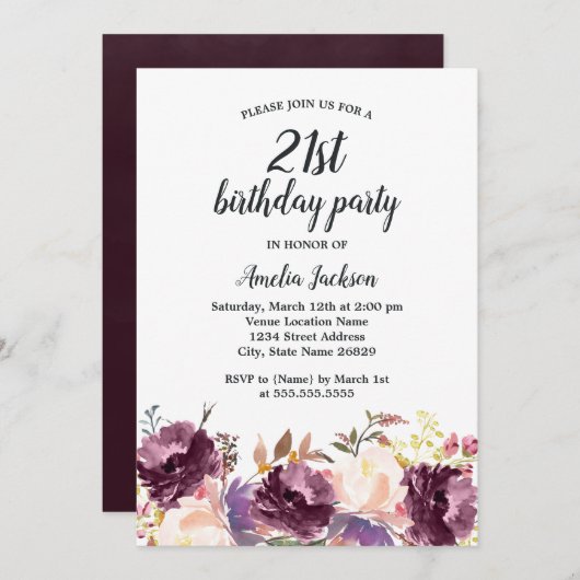 Bloemige Bloei Paarse Waterverf 21e Verjaardagsfee Kaart (Voorkant / Achterkant)
