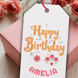 Bloemige Bloemen Gelukkige Verjaardag Handletterin Cadeaulabel