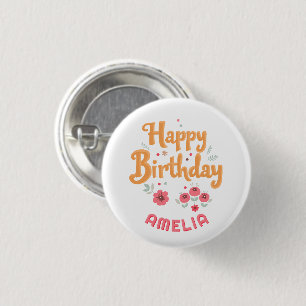 Bloemige Bloemen Gelukkige Verjaardag Handletterin Ronde Button 3,2 Cm