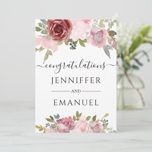 bloemige blos aangepaste naam huwelijksgelukwensen kaart (Staand voorkant)