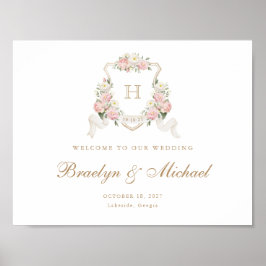 Bloemige Blozende Rozen Wapen Monogram Welkom Bord Poster