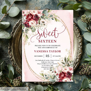 Bloemige Blush Bourgondië Rozen Sweet Sixteen Fees Kaart