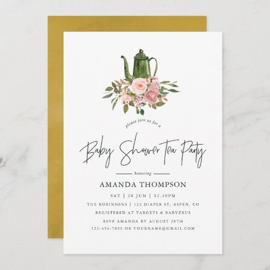 Bloemige Blush en Gouden Baby Shower Thee Feestje Kaart (Voorkant / Achterkant)