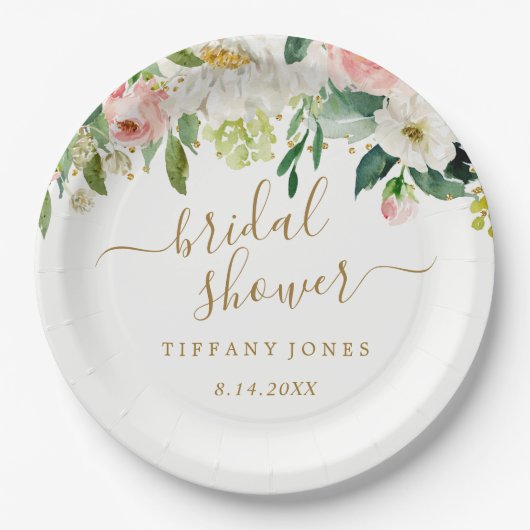 Bloemige Blush Goud Roze Confetti Bruidsdouche Papieren Bordje (Voorkant)
