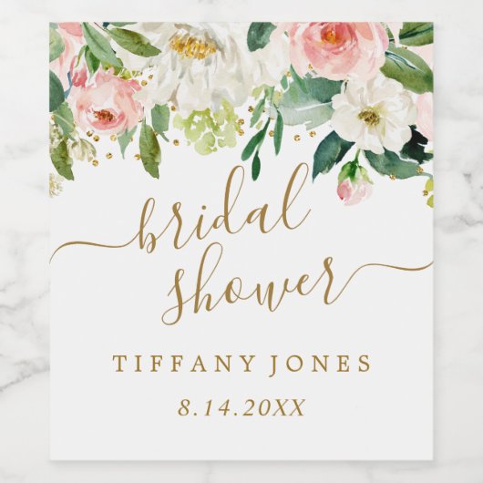 Bloemige Blush Goud Roze Confetti Bruiloftsfeest Wijn Etiket (Enkel label)