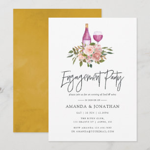 Bloemige Blush & Gouden Wijnproeverij Verlovingsfe Kaart