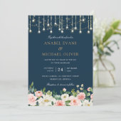 Bloemige Blush Navy Sliert Lichtjes Elegante Trouw Kaart (Staand voorkant)