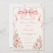 Bloemige Blush Roze Coquette Strik Bruiloftsborrel Kaart (Voorkant)