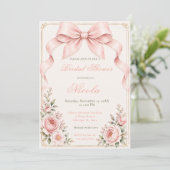 Bloemige Blush Roze Coquette Strik Bruiloftsborrel Kaart (Staand voorkant)
