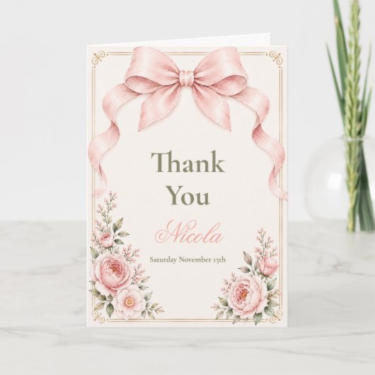 Bloemige Blush Roze Coquette Strik Bruiloftsfeest Bedankkaart (Voorkant)