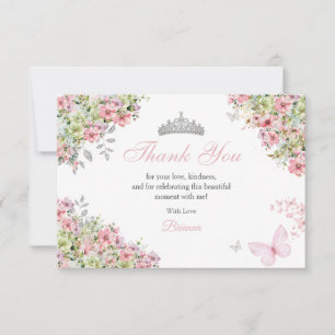 Bloemige Blush Roze en Groene Vlinder Quinceañera Bedankkaart