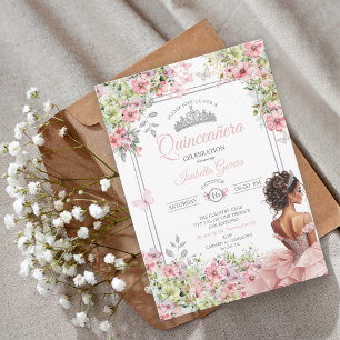 Bloemige Blush Roze en Groene Vlinder Quinceañera Kaart