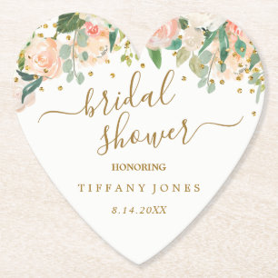Bloemige Blush Roze Gouden Confetti Bruidsdouche Kartonnen Onderzetters