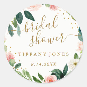 Bloemige Blush Roze Gouden Confetti Bruidsdouche Ronde Sticker