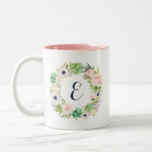 Bloemige Blush Succulenten Cactus Krans Monogram Tweekleurige Koffiemok