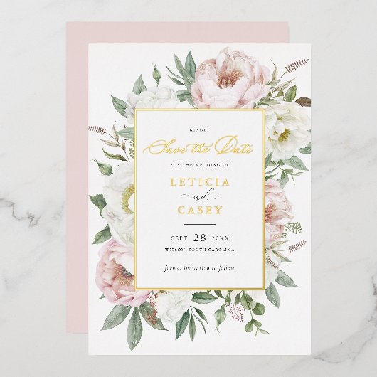 Bloemige Blush Witte Pioen Goud Folie Save the Dat Uitnodiging (Voorkant / Achterkant)