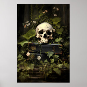 Bloemige Boeken Schedel Portret Print, Donkere Aca Poster
