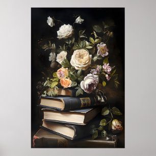 Bloemige Boeken Vintage Poster, Donkere Academie Poster