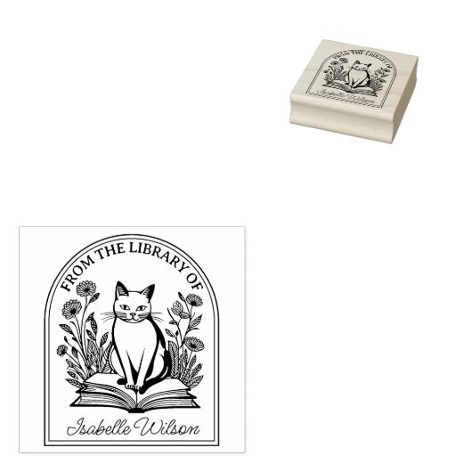 Bloemige Boekminnende Kat, Aangepaste Boekenlegger Rubberstempel (Gestempeld)