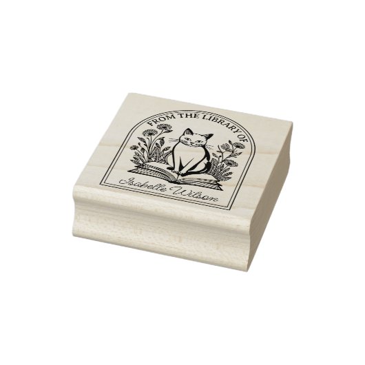 Bloemige Boekminnende Kat, Aangepaste Boekplaat Rubberstempel (Stempel)