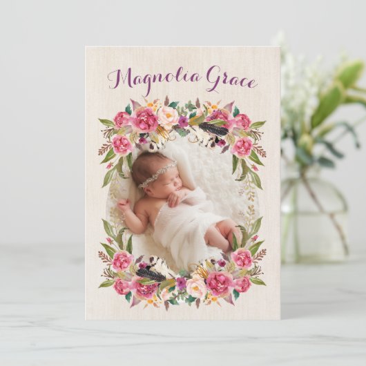 Bloemige Boho Baby Meisje Geboorte Aankondigingska Aankondiging (Staand voorkant)