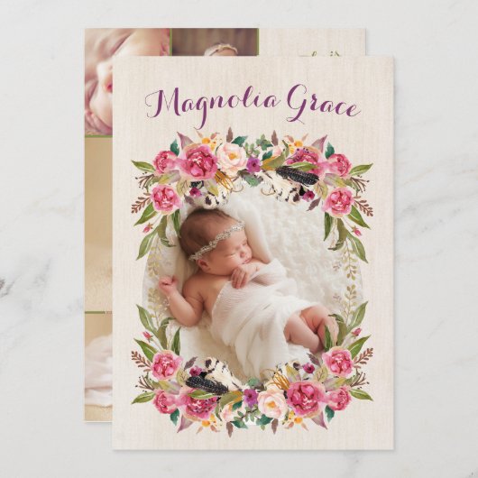 Bloemige Boho Baby Meisje Geboorte Aankondigingska Aankondiging (Voorkant / Achterkant)