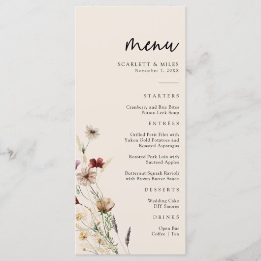 Bloemige Boho Bruiloft Menu (Voorkant)