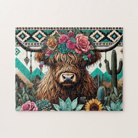 Bloemige Boho Hoogland Koe Legpuzzel (Horizontaal)