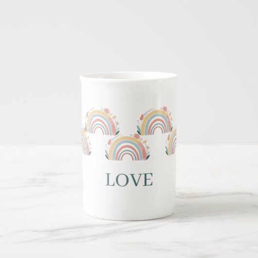 Bloemige Boho Regenboog Bone China Mok (Voorkant)